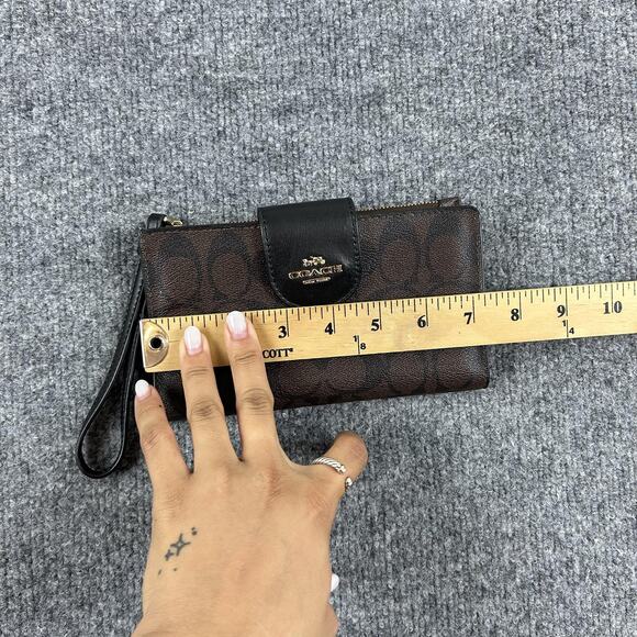 Coach Tech Phone Wallet Signature Canvas Brown Leather Wristlet Card Case - Picture 9 of 11